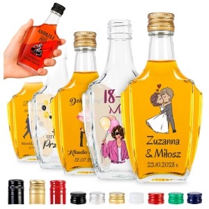 10x butelka Bonaparte 250ml z naklejkami personalizowanymi na wesele, urodziny + zakrętki