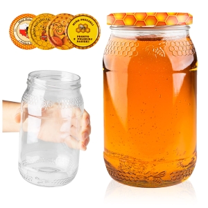 Zestaw 64 sztuk - Słoik szklany 900 ml z plastrem miodu i pszczołą na przetwory, miód