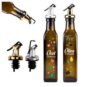 Butelka Marasca 250ml oliwkowa na oliwę / ocet z naklejką z napisem Oliwa / Ocet i nalewakiem plastikowym
