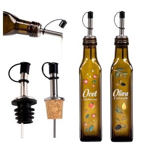 Butelka MARASCA 250 ml na oliwę ocet z naklejką z napisem Oliwa / Ocet i nalewakiem metalowym 