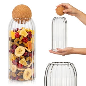 Pojemnik szklany ryflowany 1,4 L do przechowywania żywności z korkową kulką