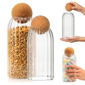 2x Pojemniki szklane ryflowane 870 ml + 1,4 L do przechowywania żywności z korkową kulką