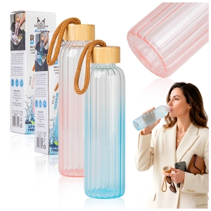 Butelka szklana bidon ryflowany 550 ml z bambusową zakrętką na wodę, lemoniadę, elektrolity, izotoniki