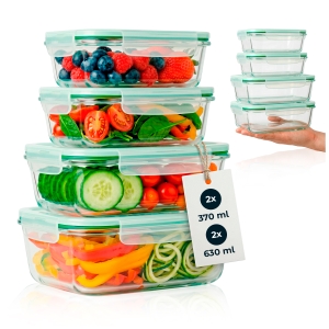 Zestaw 4 sztuki - Hermetyczne pojemniki szklane prostokątne do przechowywania żywności