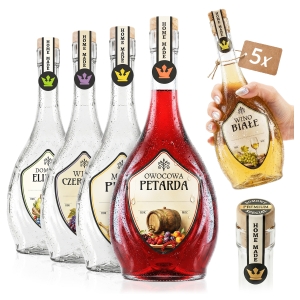 5x butelki szklane Icona 500 ml z etykietami z banderolą na nalewki, nalewki, trunki, samogon, destylat, likier, wino, miód