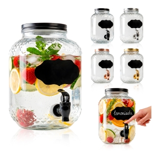 Słój szklany z tłoczeniem 4 L z kranikiem i tabliczką na lemoniadę, wodę, soki, poncz, drinki