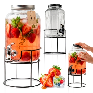 Słój szklany z kranikiem - 4 L - RYFLOWANY + stojak, na lemoniadę wodę sok