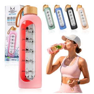 Butelka szklana bidon motywacyjny z miarką 1 L z bambusową zakrętką na wodę, lemoniadę, elektrolity, izotoniki