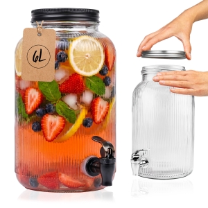 Słój szklany z kranikiem - 6 L - RYFLOWANY, na lemoniadę wodę sok