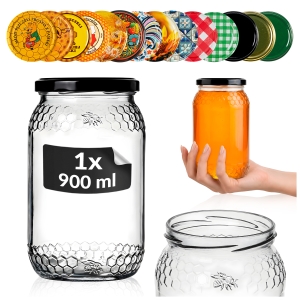 Słoik szklany 900ml na przetwory, miód, pyłek pszczeli z plastrem miodu i pszczołą + GRATIS