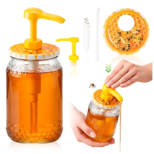 Słoik szklany 900ml z plastrem miodu z dozownikiem, pompką do miodu, syropu, sosu