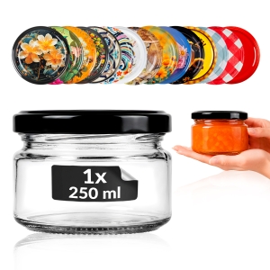 Słoik szklany niski 250ml na przyprawy, dżem, konfitury, miód, przetwory, świece + GRATIS