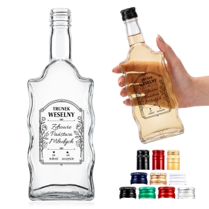 Butelka szklana Fala 500 ml z naklejką WESELE4 na wódkę weselną, nalewki, bimber, podziękowanie