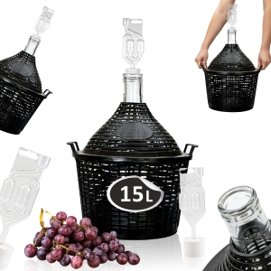 Balon szklany 15L w koszu na wino + korek + rurka fermentacyjna