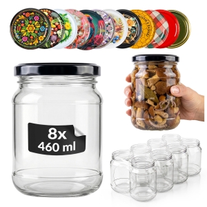 8x Słoiki szklane 460 ml na przetwory, ogórki, dżem, miód + GRATIS