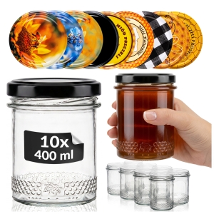 10x Słoiki szklane 400 ml Prosty z rantem MIÓD na przetwory, miód, dżemy, pyłek pszczeli + GRATIS