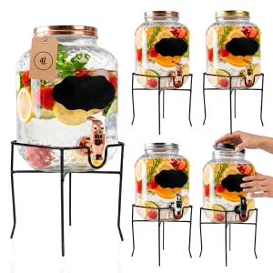 Słój szklany z tłoczeniem 4 L z kranikiem i tabliczką na lemoniadę, wodę, soki, poncz, drinki + STOJAK