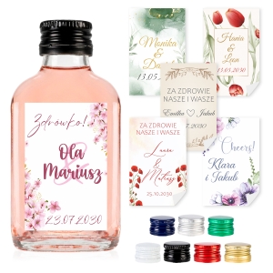 Butelka Piersiówka 100 ml na WESELE z personalizowanymi naklejkami 45x70 mm
