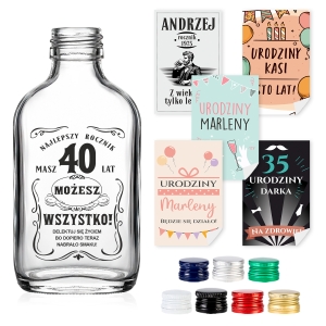 Butelka Piersiówka 100 ml na URODZINY z personalizowanymi naklejkami 45x70 mm