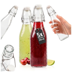 5x Butelka szklana KWADRAT 250ml z korkiem mechanicznym na wino, soki, nalewki + GRATIS