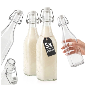 5x butelka KWADRAT 1L 1000ml na mleko, soki z korkiem mechanicznym