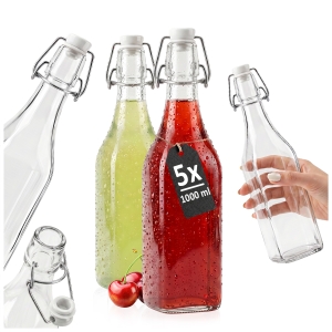 Zestaw 5 sztuk - butelka KWADRAT 1000 ml na oliwę wino nalewki + korek mechaniczny
