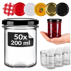 50x Słoik szklany 200 ml Prosty z rantem na przetwory, dżemy, miód, grzyby + GRATIS