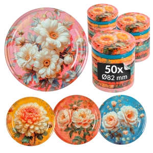 50 sztuk - ZAKRĘTKI KWIATY fi 82 mm wieczka na słoik, słoiki, słoje