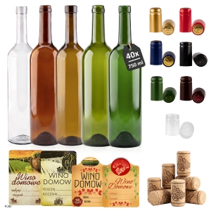40x butelka szklana BORDEAUX 750ml + korki do wina + etykiety na wino + kapturki termokurczliwe