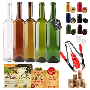30x butelka szklana BORDEAUX 750ml + korki aglomerowane + etykiety do wina + kapturki termokurczliwe + korkownica dwuramienna