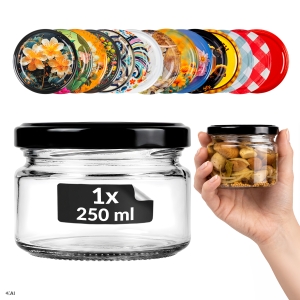 Słoik szklany niski 250ml na przyprawy, dżem, konfitury, miód, przetwory, świece + GRATIS