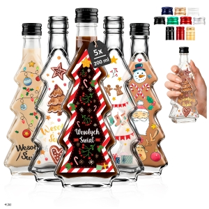 5x Butelki świąteczne Choinka 200 ml z etykietami na święta, nalewki, likier, syropy