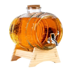 BECZKA SZKLANA "żłobiona" beczułka z kranikiem 3 L na stojaku na bimber, do whisky