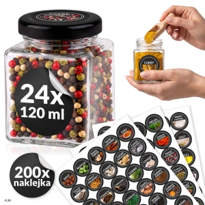 24x słoiczki szklane na przyprawy 120ml + 200x etykiet + nabierak do dozowania przypraw
