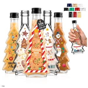 10x Butelki świąteczne Choinka 250 ml z etykietami na święta, nalewki, likier, syropy