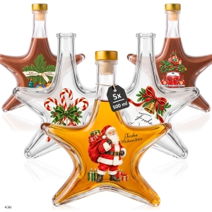 5x butelka Gwiazdka 500 ml z korkiem i naklejkami świątecznymi Frohe Feiertage DE na nalewki, likiery, prezent