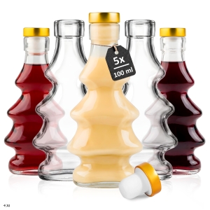 Zestaw 5 sztuk - Butelka szklana TRÓJWYMIAROWA Choinka 3D 100 ml na nalewki, bimber, syrop, likier, świąteczna z korkiem