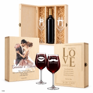 2x Kieliszek do wina 390 ml z grawerem + skrzynka drewniana trójdzielna personalizowana na prezent, ślub, wesele, rocznicę