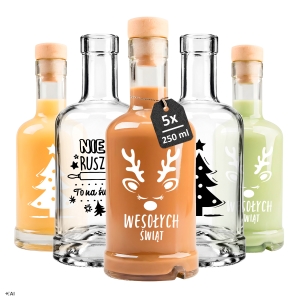 5x Butelki TADEK 250 ml ze świątecznym nadrukiem na nalewki, likier, bimber