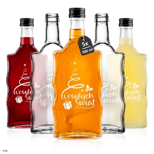 5x Butelki świąteczne Fala 500 ml na zakrętkę z nadrukiem "Wesołych Świąt" biały