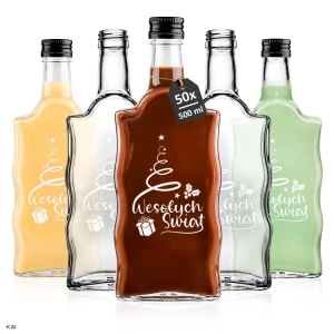 50x Butelki świąteczne Fala 500 ml na zakrętkę z nadrukiem "Wesołych Świąt" biały
