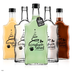 50x Butelki świąteczne Fala 500 ml z nadrukiem Wesołych Świąt czarny na likiery, nalewki