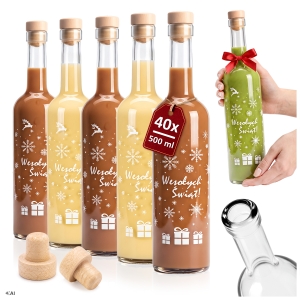 40x butelki świąteczne FUTURA 500 ml z białym nadrukiem "Wesołych Świąt" na nalewki, likiery