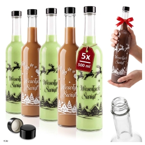 5x Butelki Futura 500 ml na zakrętkę GPI ze świątecznym nadrukiem SANIE na prezent, likier, wino