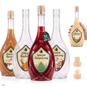 5x butelki Icona 500 ml z naklejkami świątecznymi na nalewki, likiery, wino