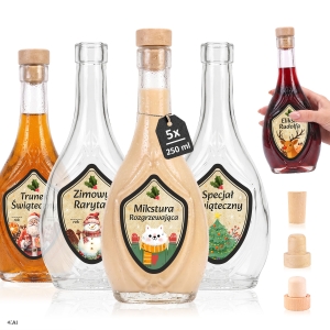 5x butelki Icona 250 ml z naklejkami świątecznymi na nalewki, likiery, wino 