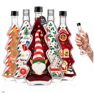5x Butelka Choinka 500 ml z naklejkami świątecznymi BN na nalewki, likiery, prezent