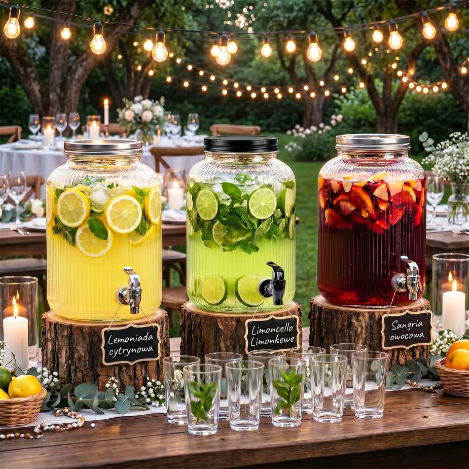 Słoje z kranikiem z różnymi napojami na garden party – prosta i efektowna ozdoba tarasu lub ogrodu