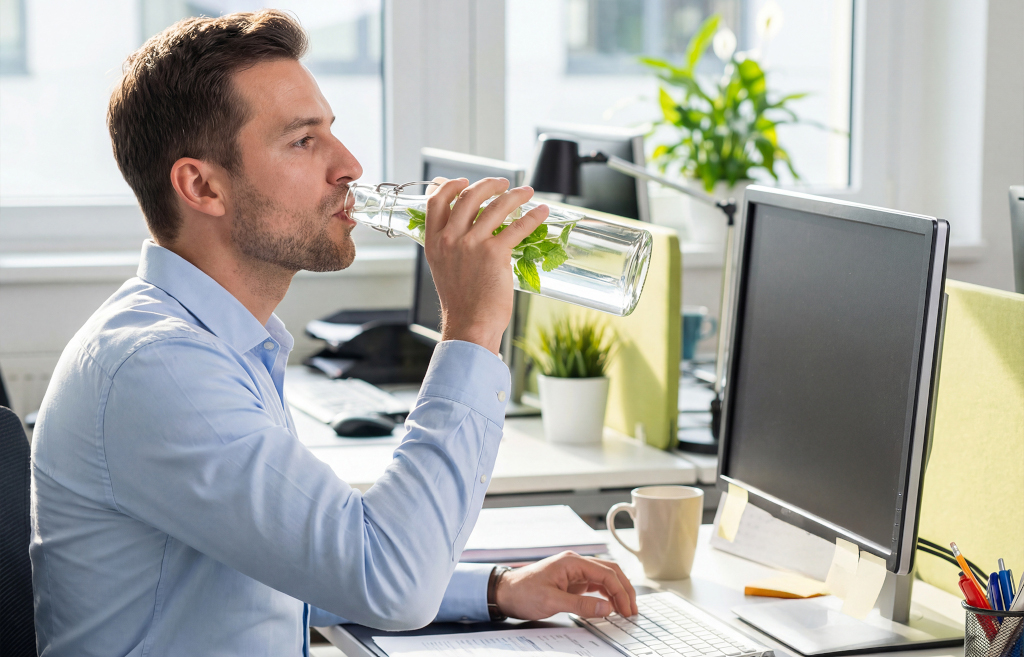 Picie wody małymi łykami podczas pracy - sposób na prawidłowe nawodnienie