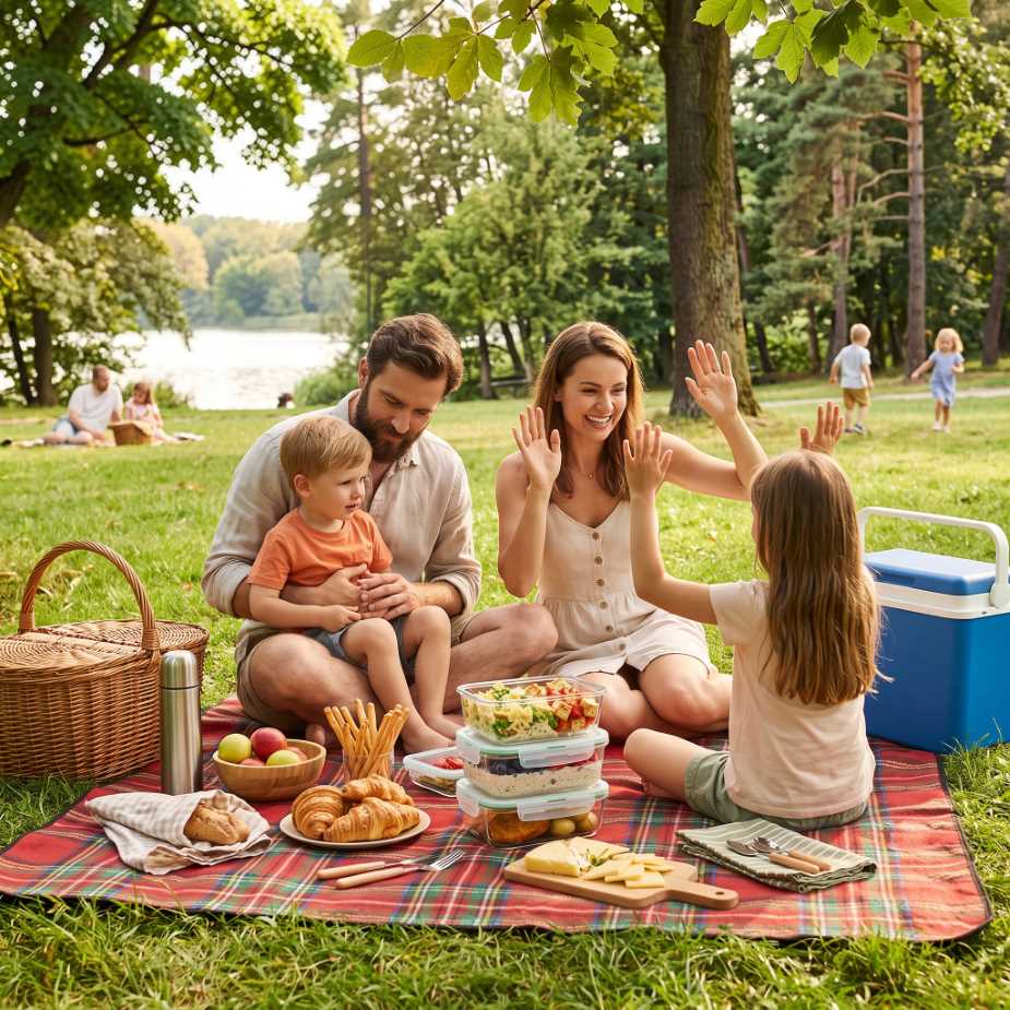 Szybkie przekąski na rodzinny piknik: pieczywo, sałatki, owoce, warzywa, sery